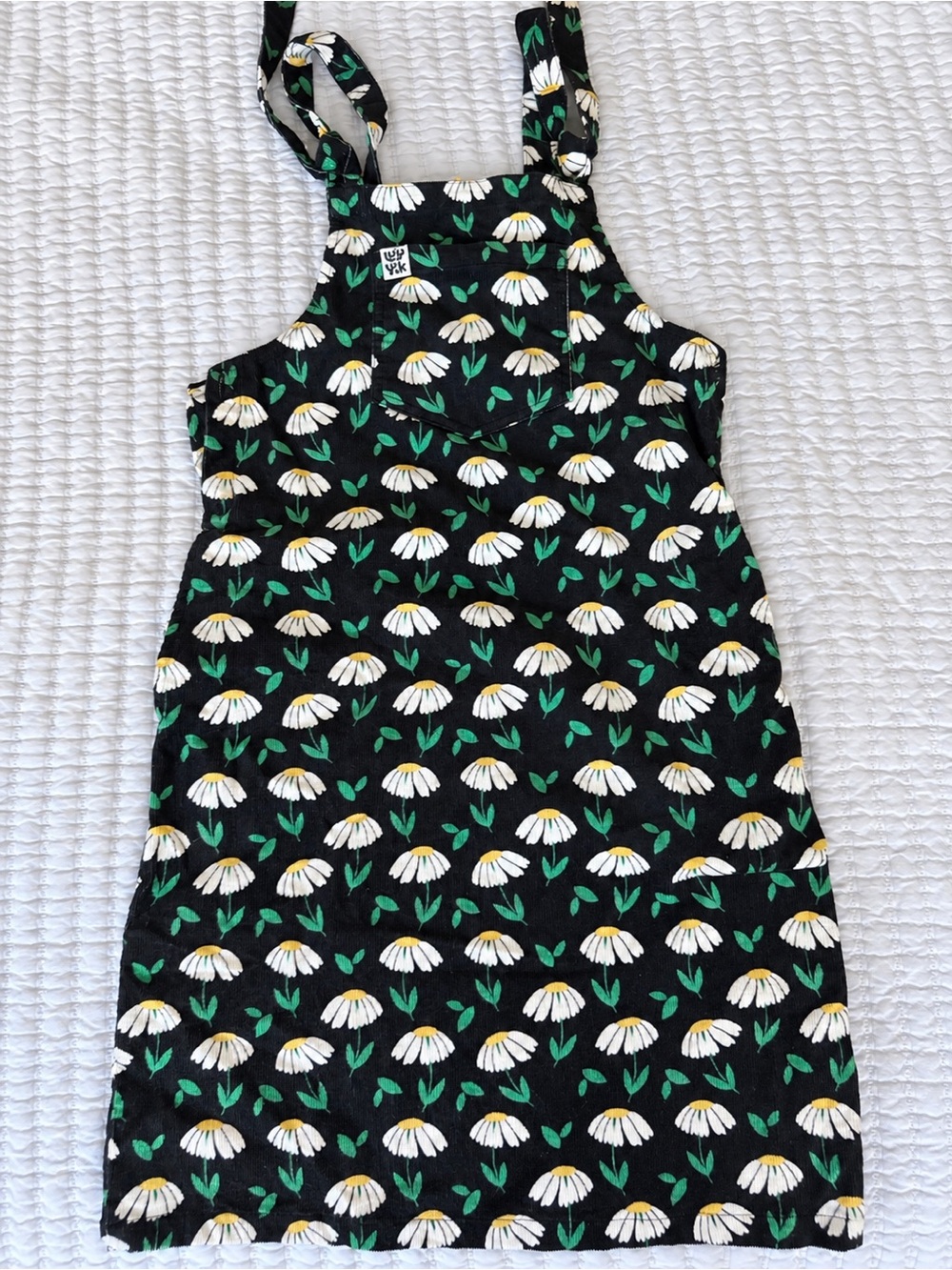 Lucy & Yak Black Daisy Pinafore Dress with White and Green Floral - NWOT